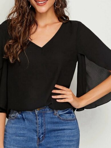 Black Women Loose Casual Puff Sleeve Blouse Top