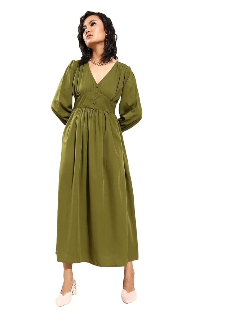 Women Lovely Olive Solid Neck Dress - Image 2