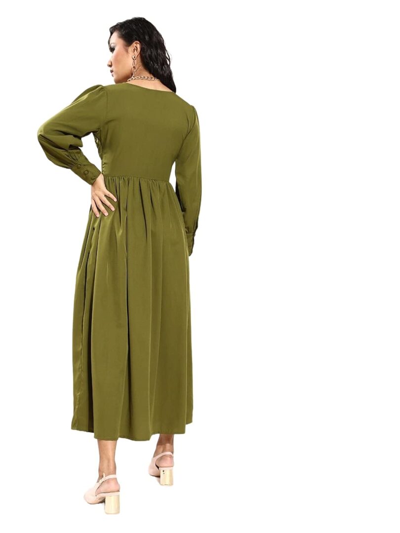 Women Lovely Olive Solid Neck Dress - Image 3