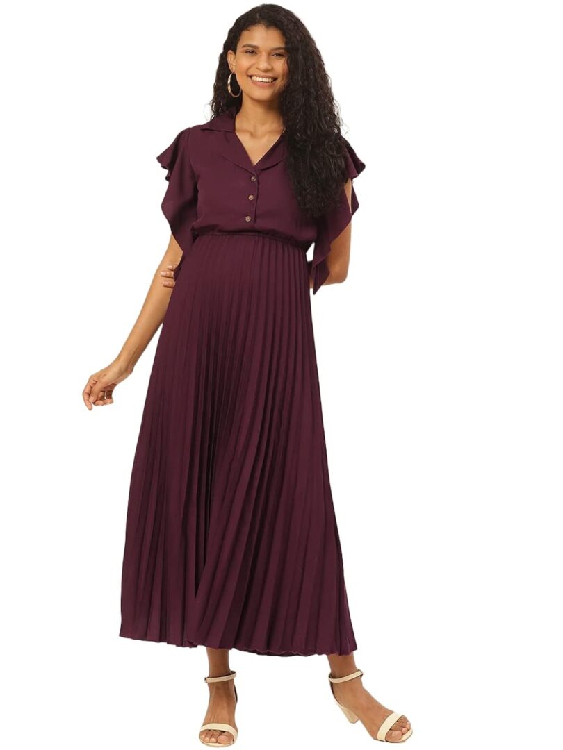 Wine-Coloured Accordion Pleated Maxi Dress