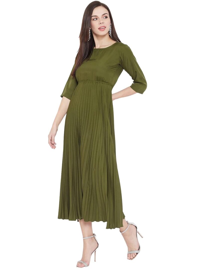 Women Olive Green Solid Empire Dress - Image 3
