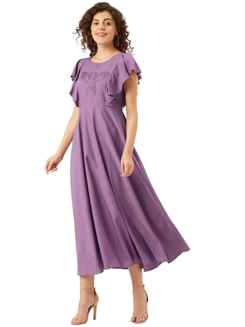 Purple Butterfly Embroidered Yoke Design Ruffled Maxi Dress - Image 2