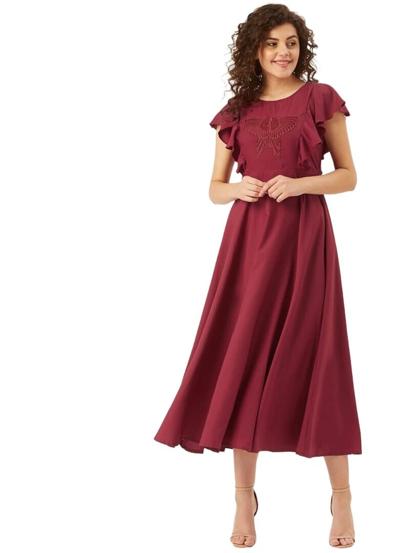 Maroon Butterfly Applique Detail A-Line Dress