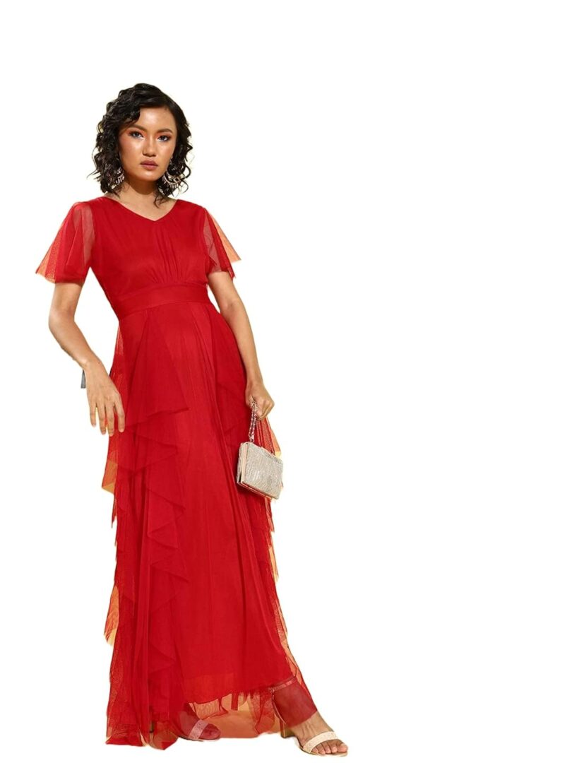 Women Red Solid Layered Maxi Dress