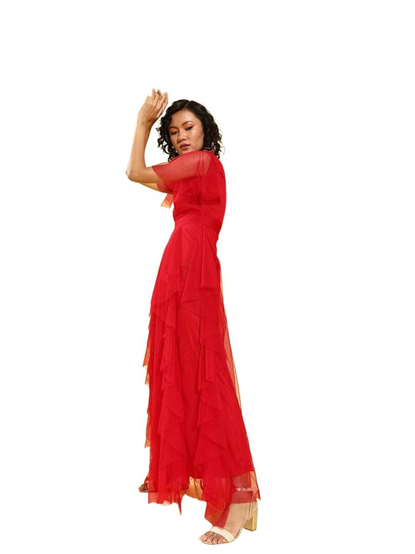 Women Red Solid Layered Maxi Dress - Image 2