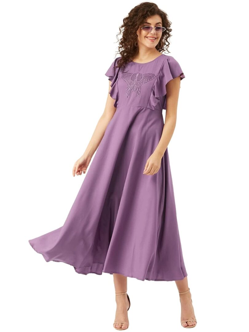 Purple Butterfly Embroidered Yoke Design Ruffled Maxi Dress - Image 4