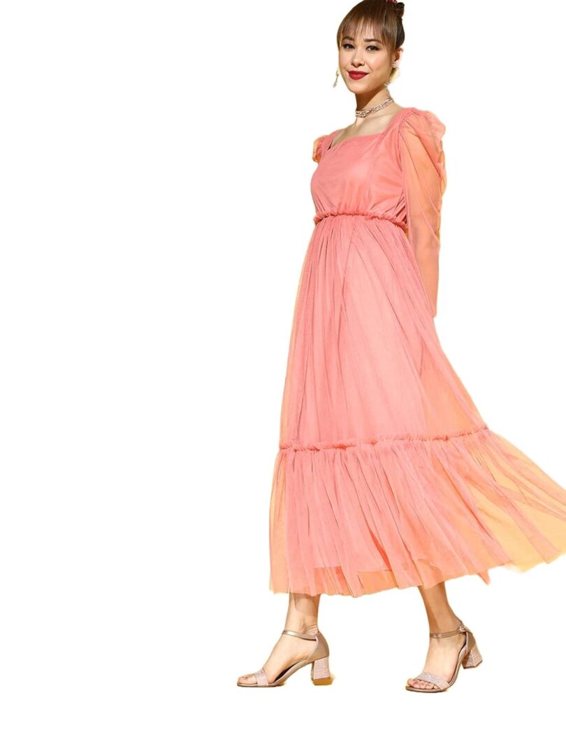 Women Peach-Coloured Solid Tulle Dress - Image 2
