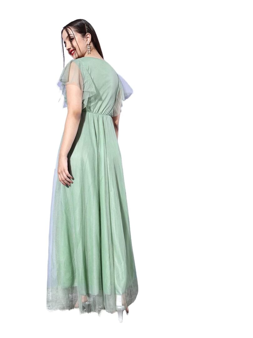 Green Solid Ruffle Net Maxi Dress - Image 3