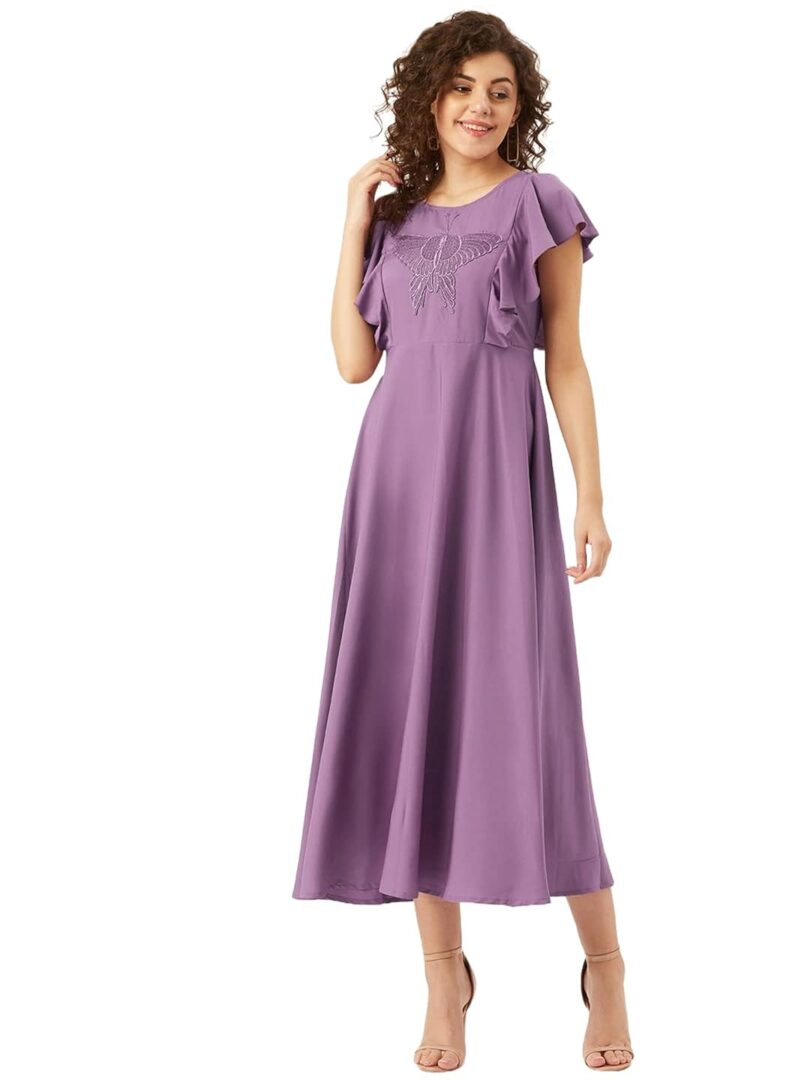Purple Butterfly Embroidered Yoke Design Ruffled Maxi Dress