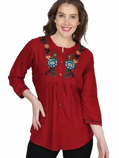Stylistico Women's Embroidered Rayon Cotton Flared Tops