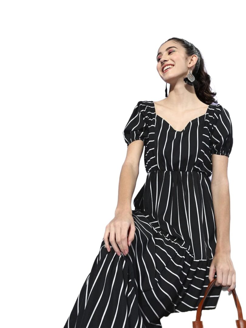 Black & White Striped Crepe Maxi Dress - Image 2