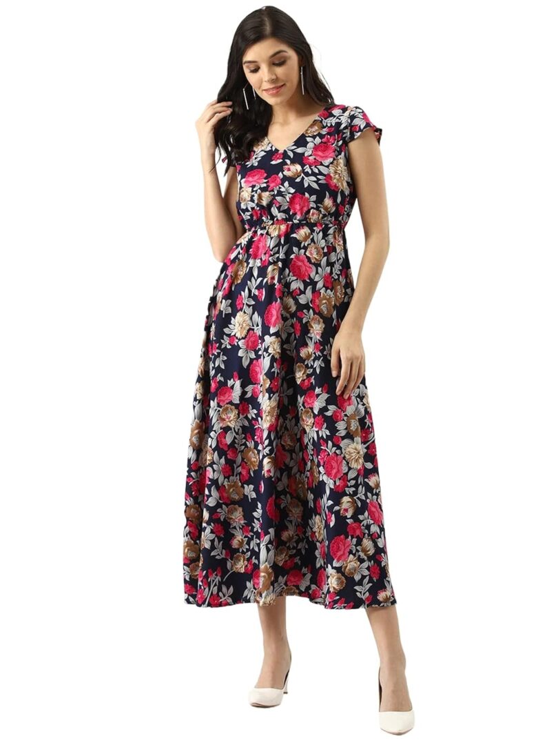 Women Navy Blue & Pink Floral Print Maxi Dress