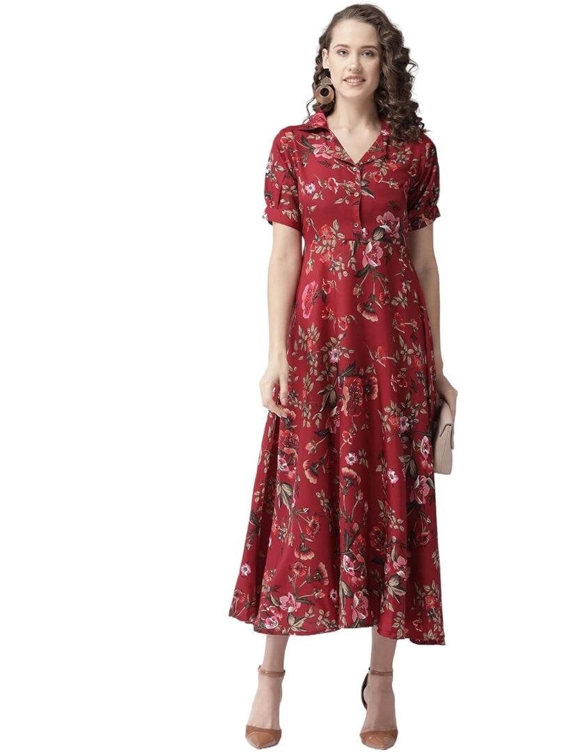 Maroon & Olive Green Floral Print Maxi Shirt Dress - Image 4