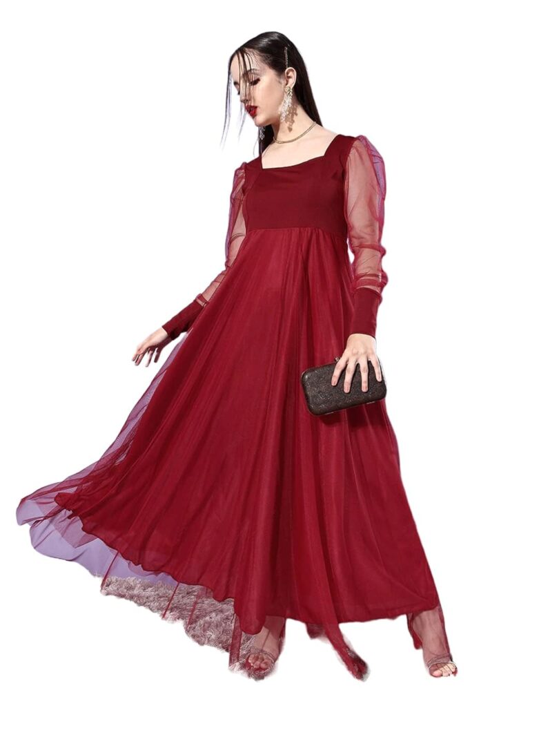 Maroon Solid Net Maxi Dress - Image 4