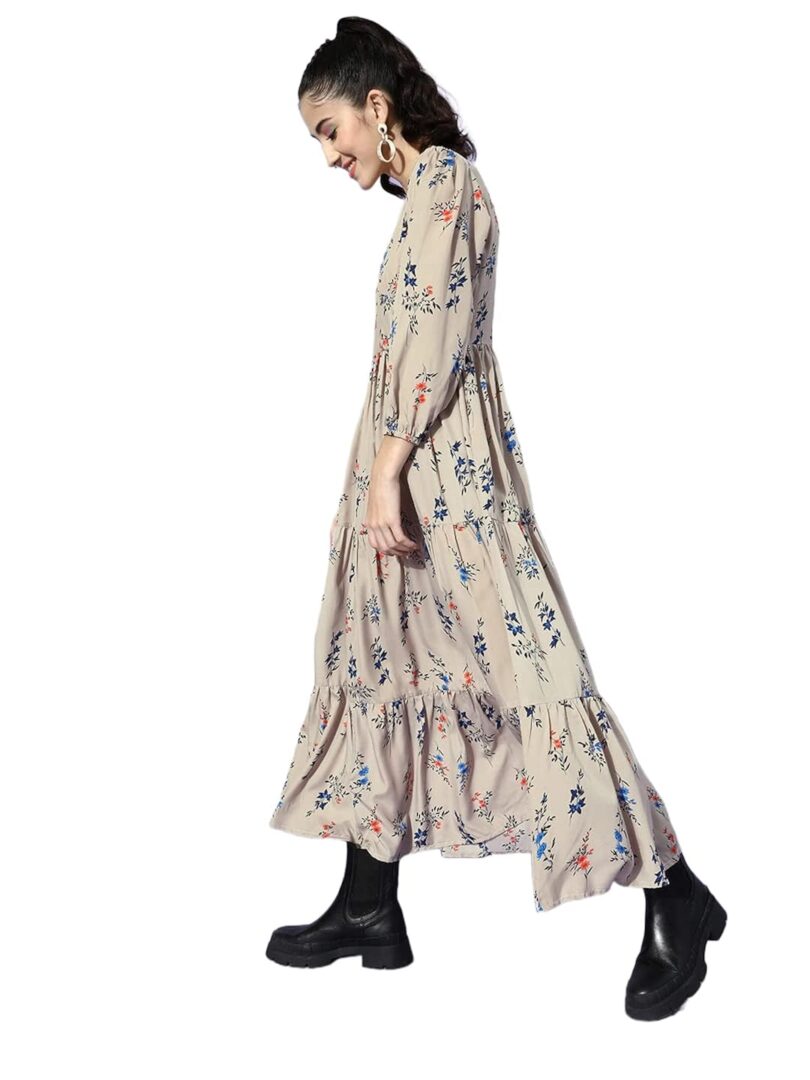 Beige Floral Crepe Maxi Dress