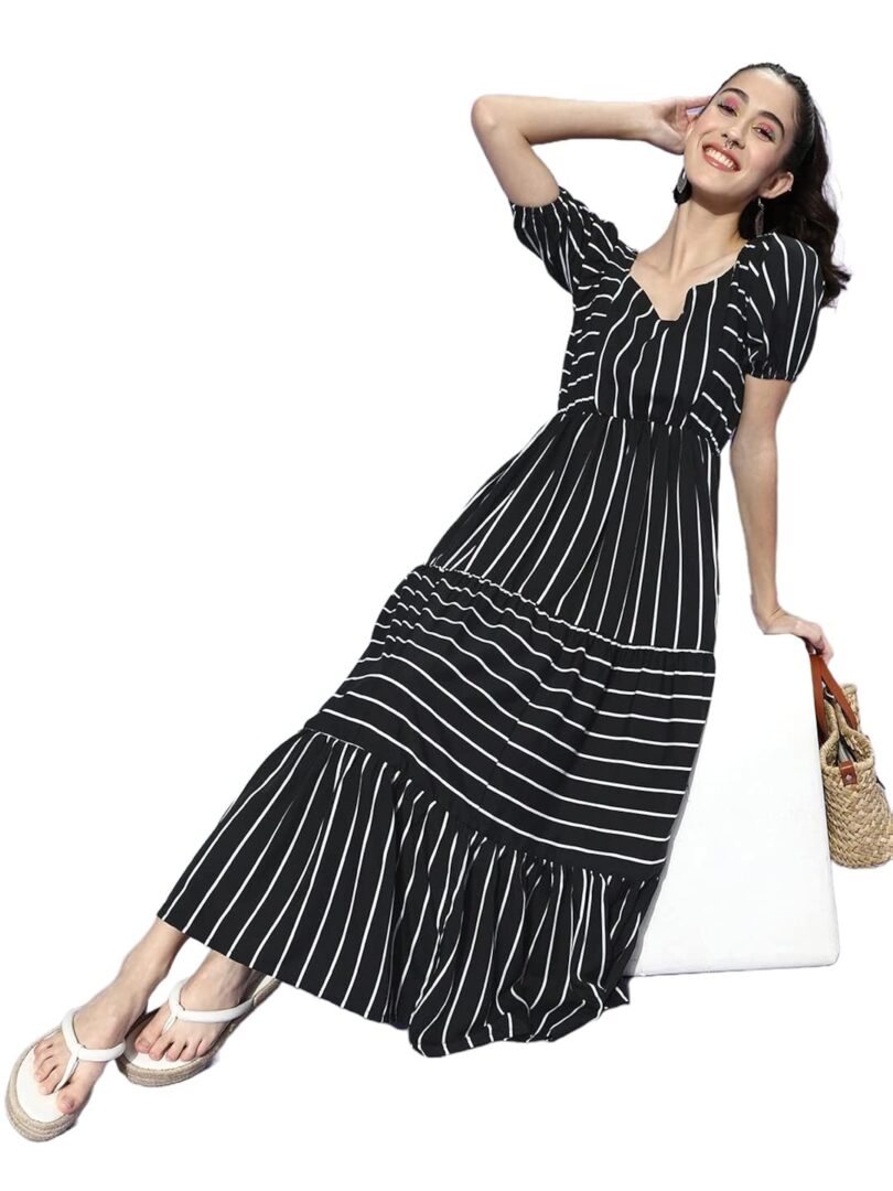 Black & White Striped Crepe Maxi Dress - Image 4
