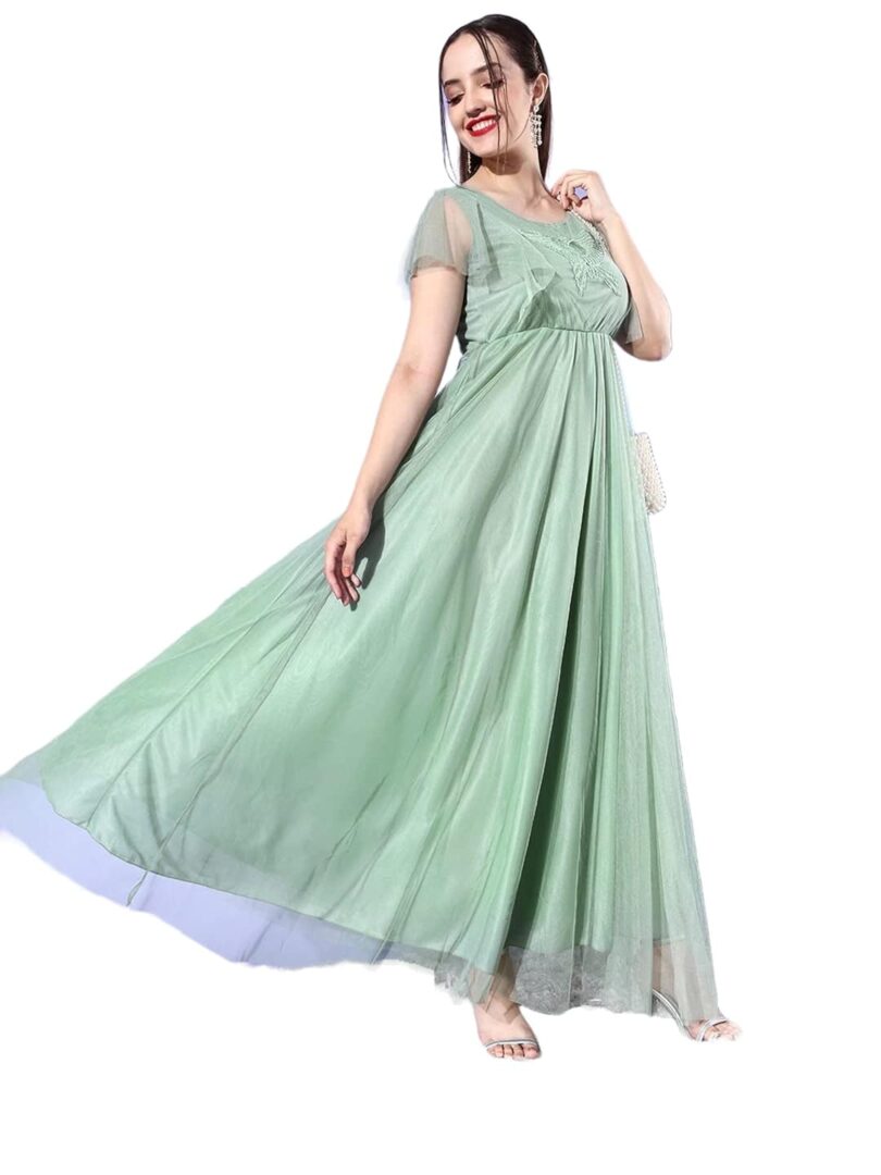 Green Solid Ruffle Net Maxi Dress