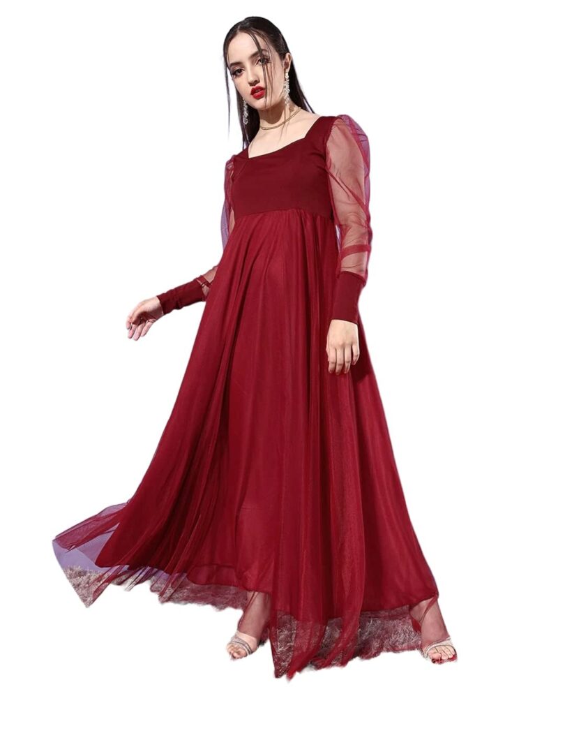Maroon Solid Net Maxi Dress - Image 2