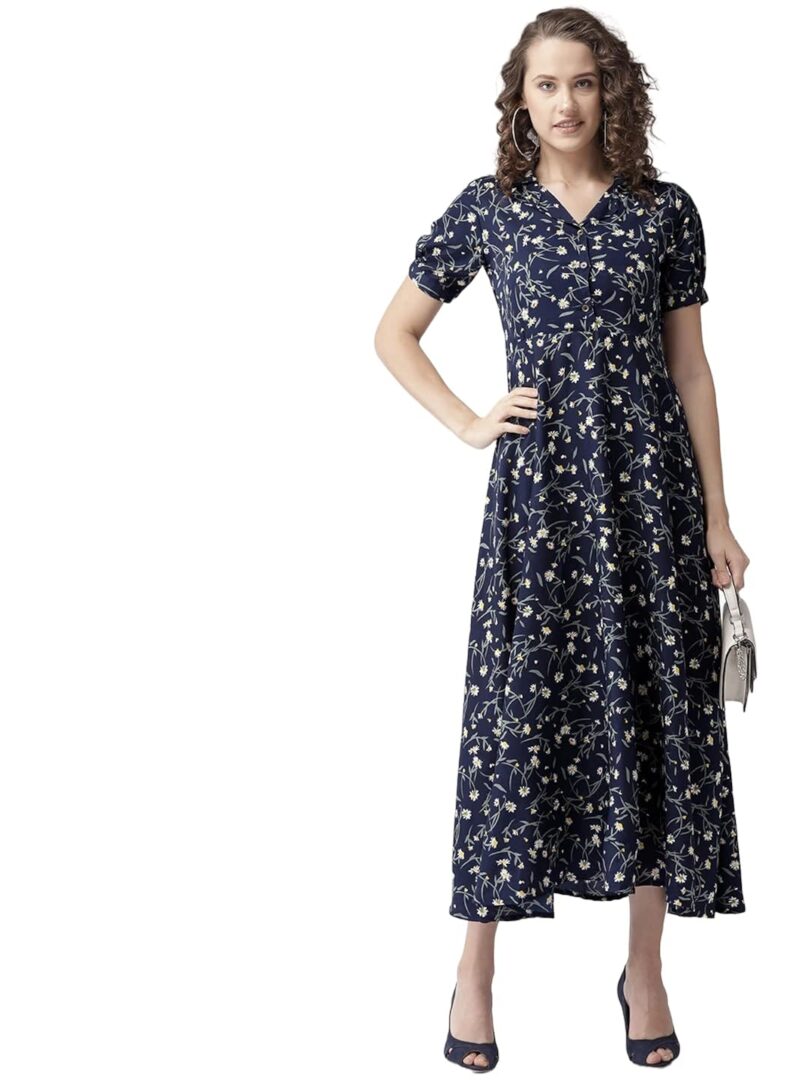 Women Navy Blue & White Floral Printed Maxi Dress - Image 4