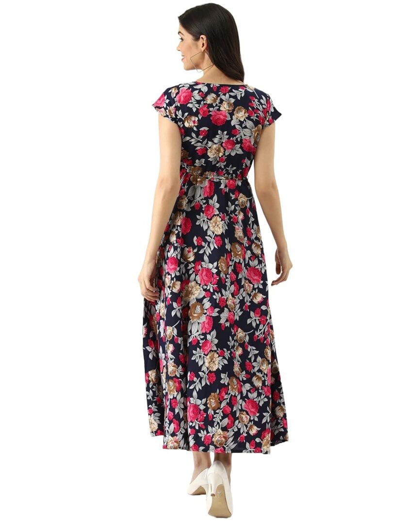 Women Navy Blue & Pink Floral Print Maxi Dress - Image 3