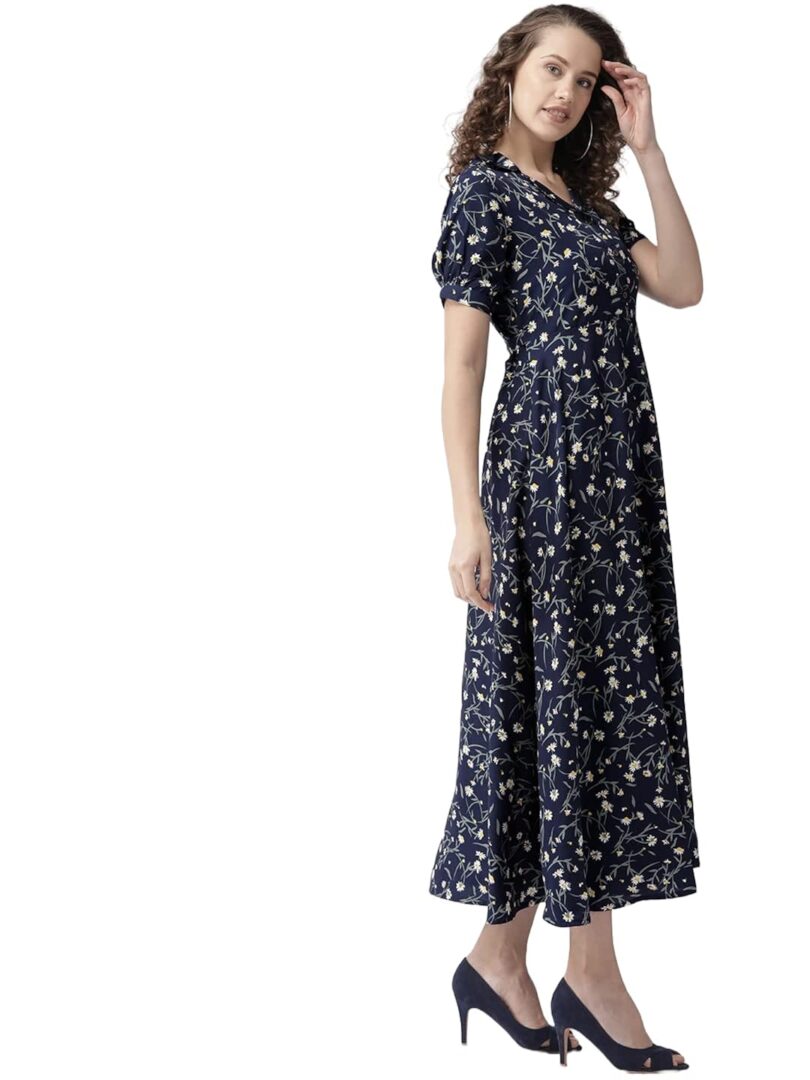 Women Navy Blue & White Floral Printed Maxi Dress - Image 2