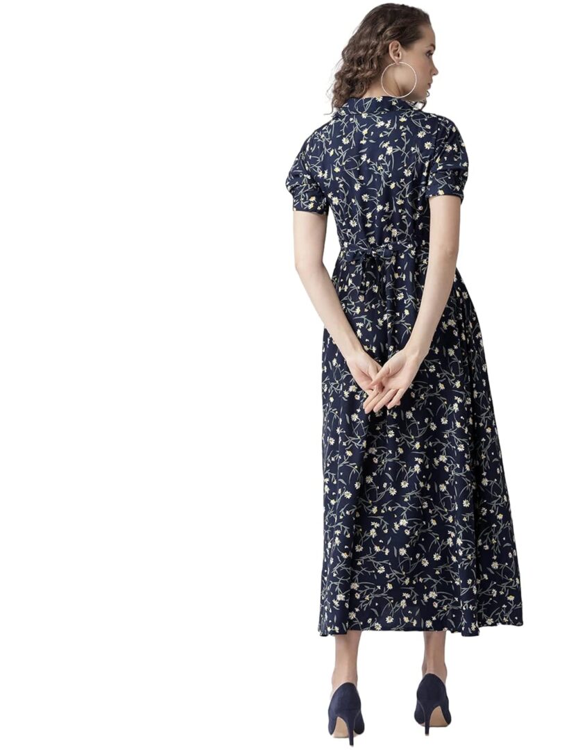Women Navy Blue & White Floral Printed Maxi Dress - Image 3