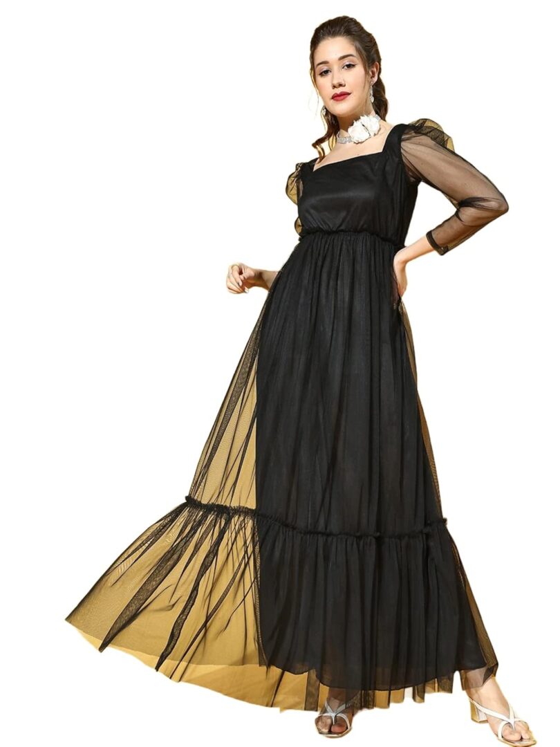 Women Stylish Black Solid Sheer Dress