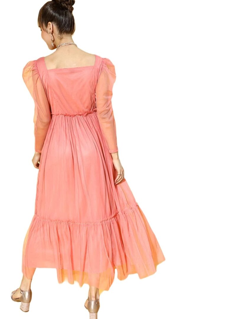 Women Peach-Coloured Solid Tulle Dress - Image 3