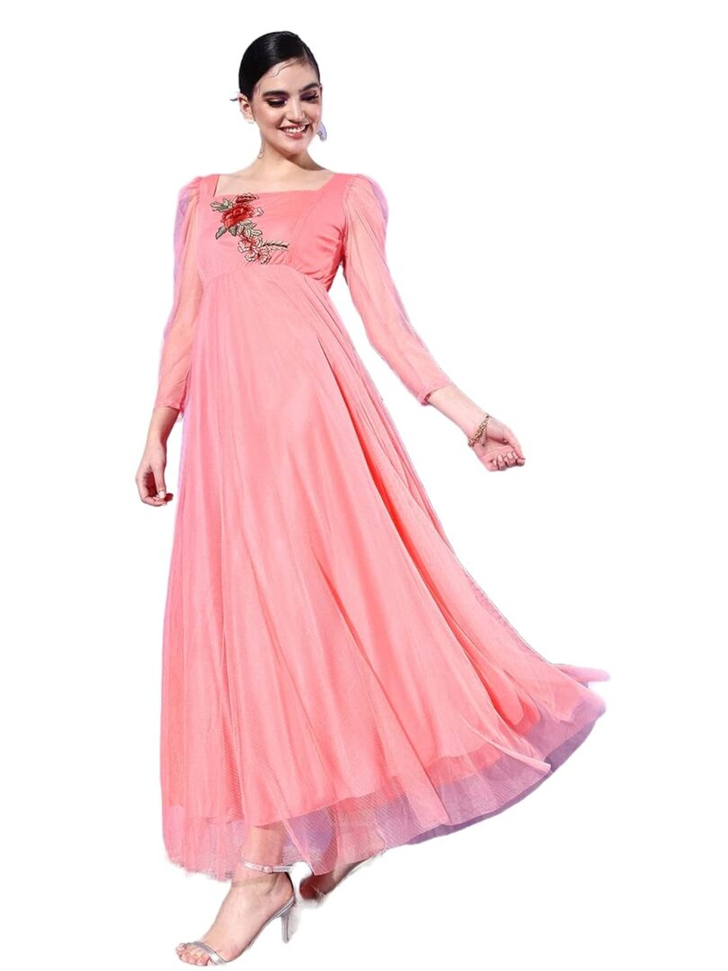 Peach-Coloured Solid Net Maxi Dress
