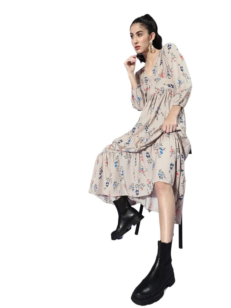 Beige Floral Crepe Maxi Dress - Image 2
