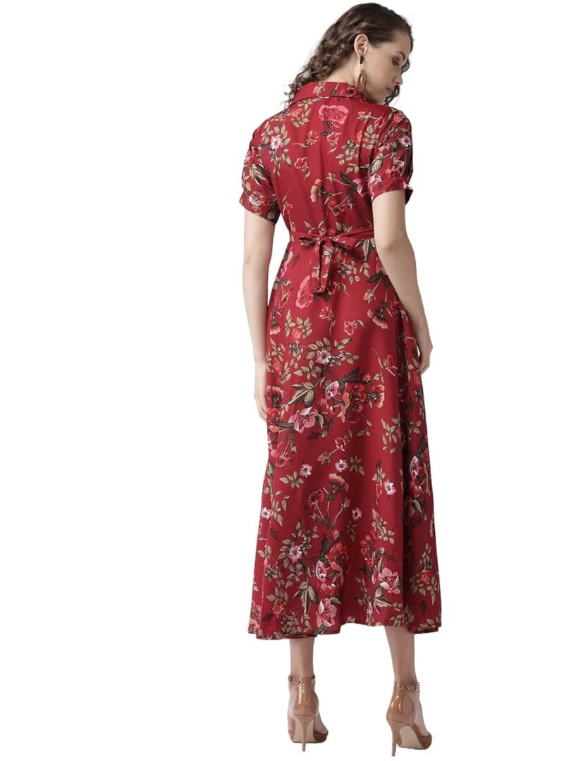 Maroon & Olive Green Floral Print Maxi Shirt Dress - Image 3