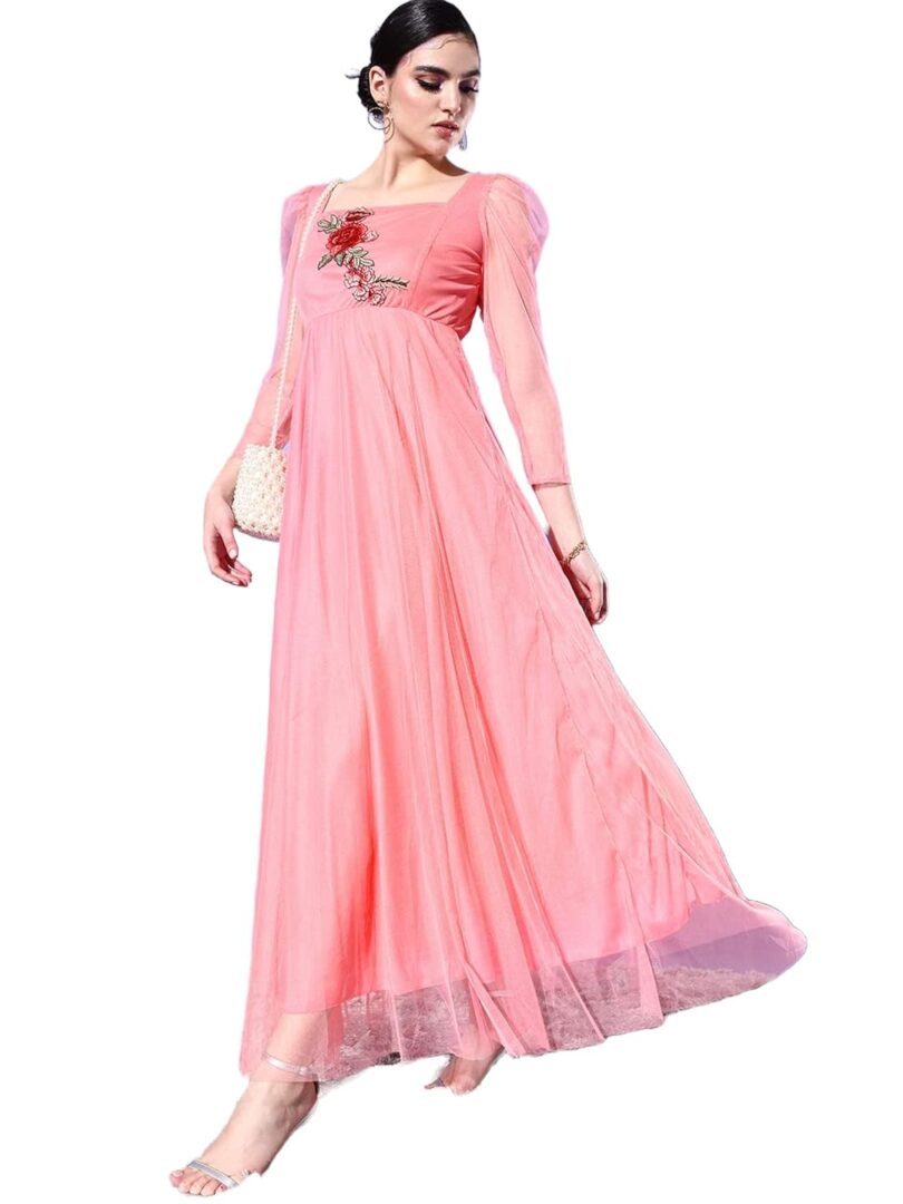 Peach-Coloured Solid Net Maxi Dress - Image 3