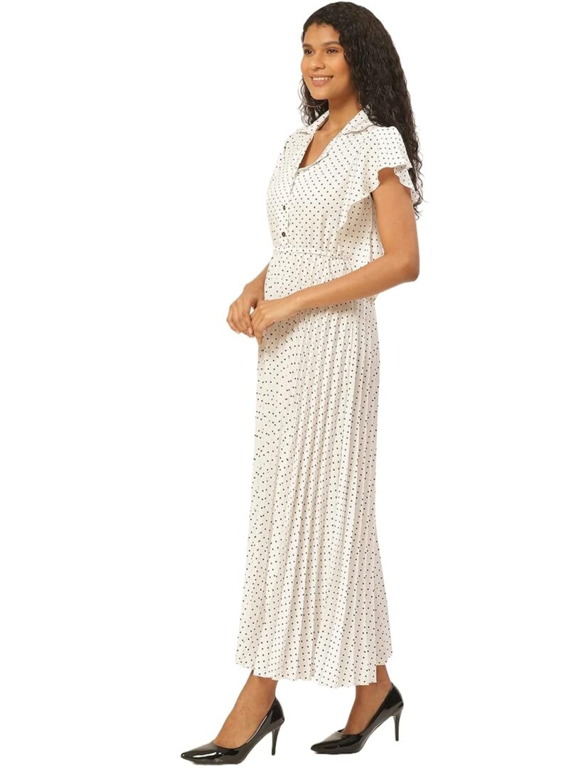 Women White & Black Ditsy Dot Print Accordion Pleated Maxi Dress - Image 2