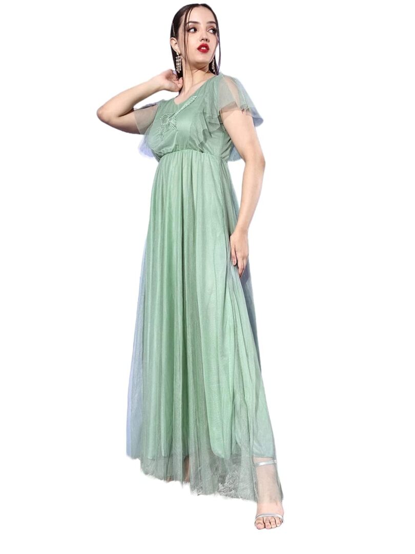 Green Solid Ruffle Net Maxi Dress - Image 2