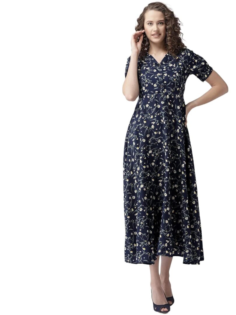 Women Navy Blue & White Floral Printed Maxi Dress