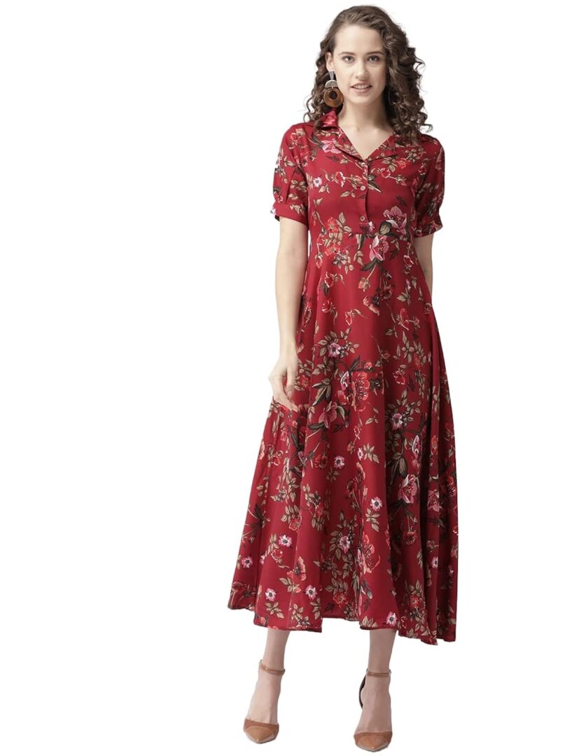 Maroon & Olive Green Floral Print Maxi Shirt Dress
