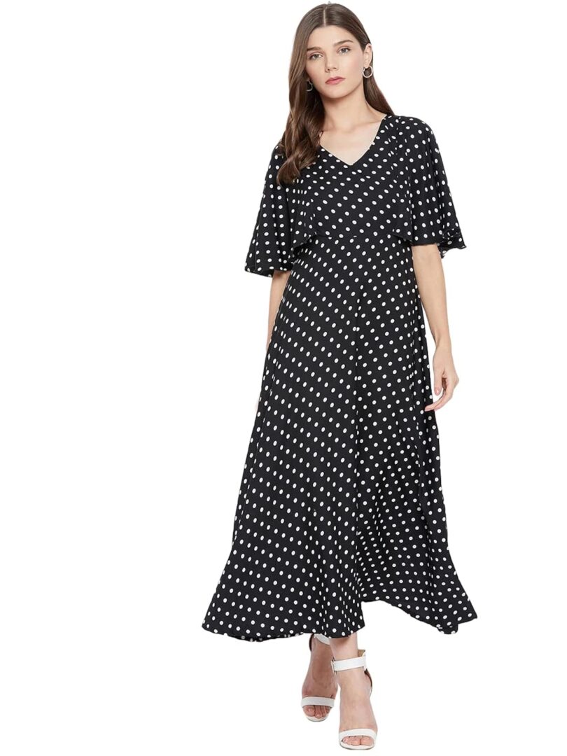 Black Polka Dot Printed Crepe Maxi Dress
