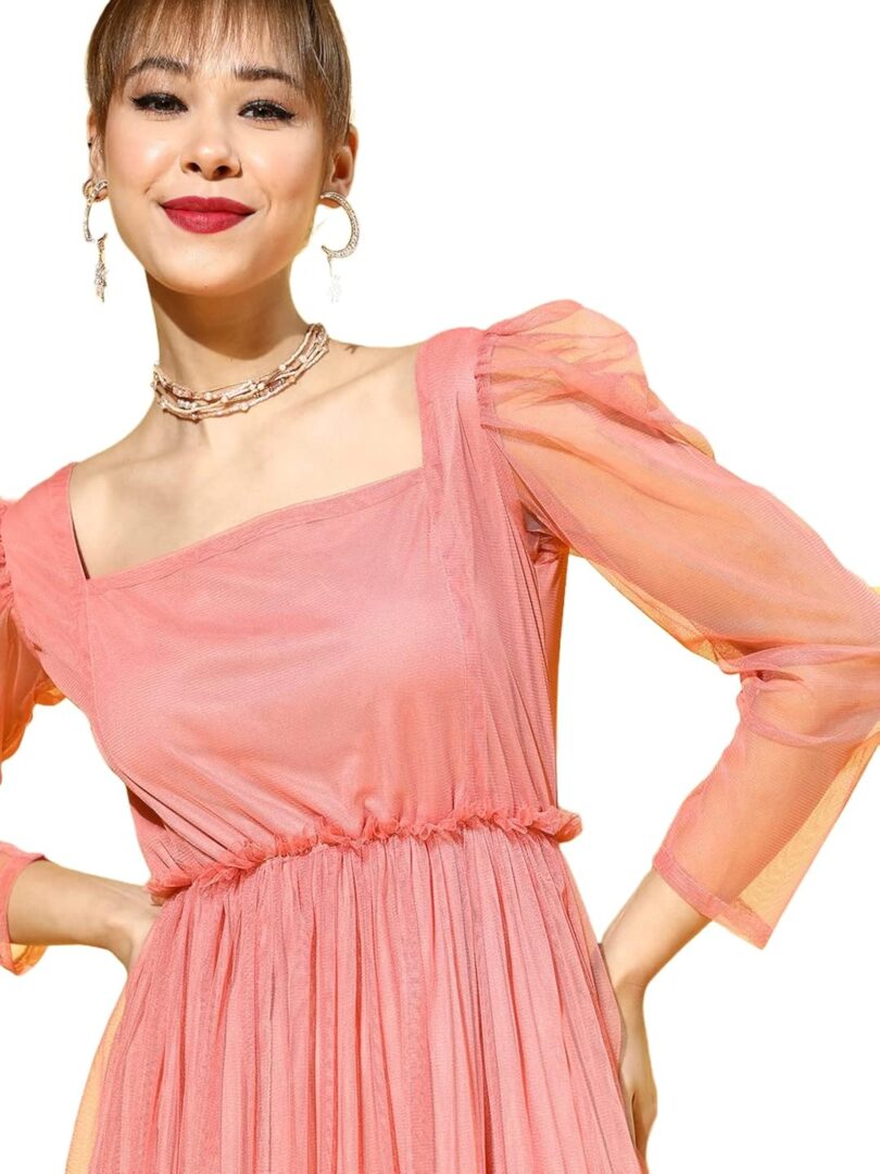 Women Peach-Coloured Solid Tulle Dress - Image 4