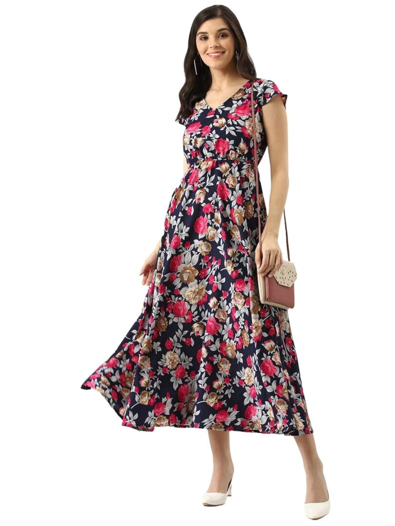 Women Navy Blue & Pink Floral Print Maxi Dress - Image 4