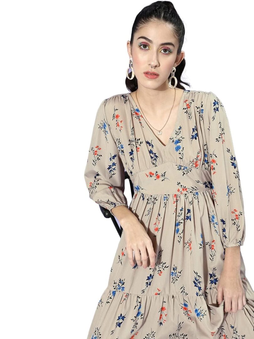 Beige Floral Crepe Maxi Dress - Image 4