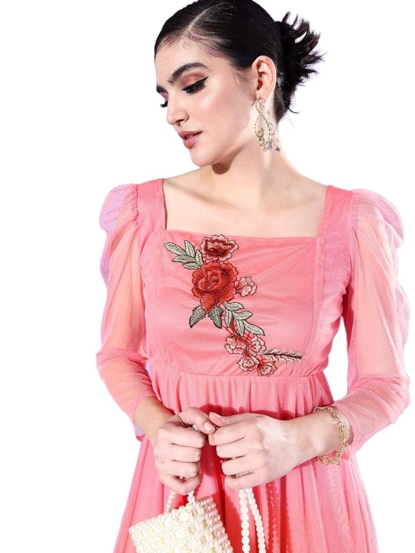 Peach-Coloured Solid Net Maxi Dress - Image 4