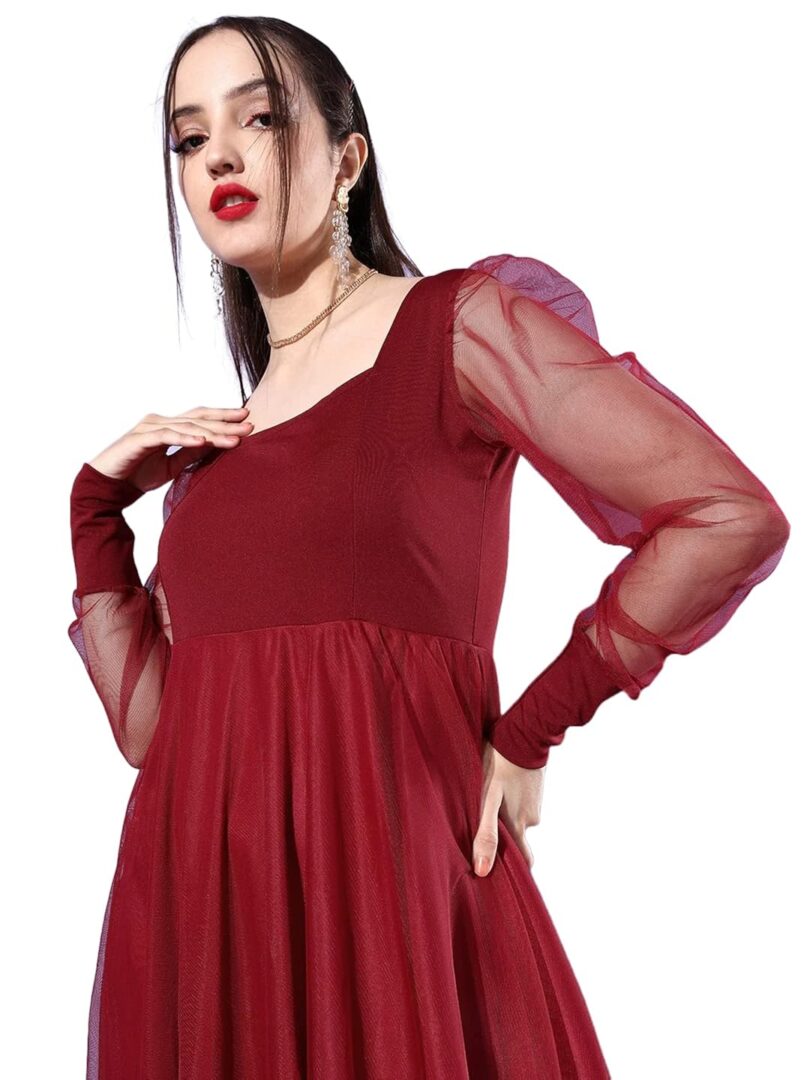 Maroon Solid Net Maxi Dress