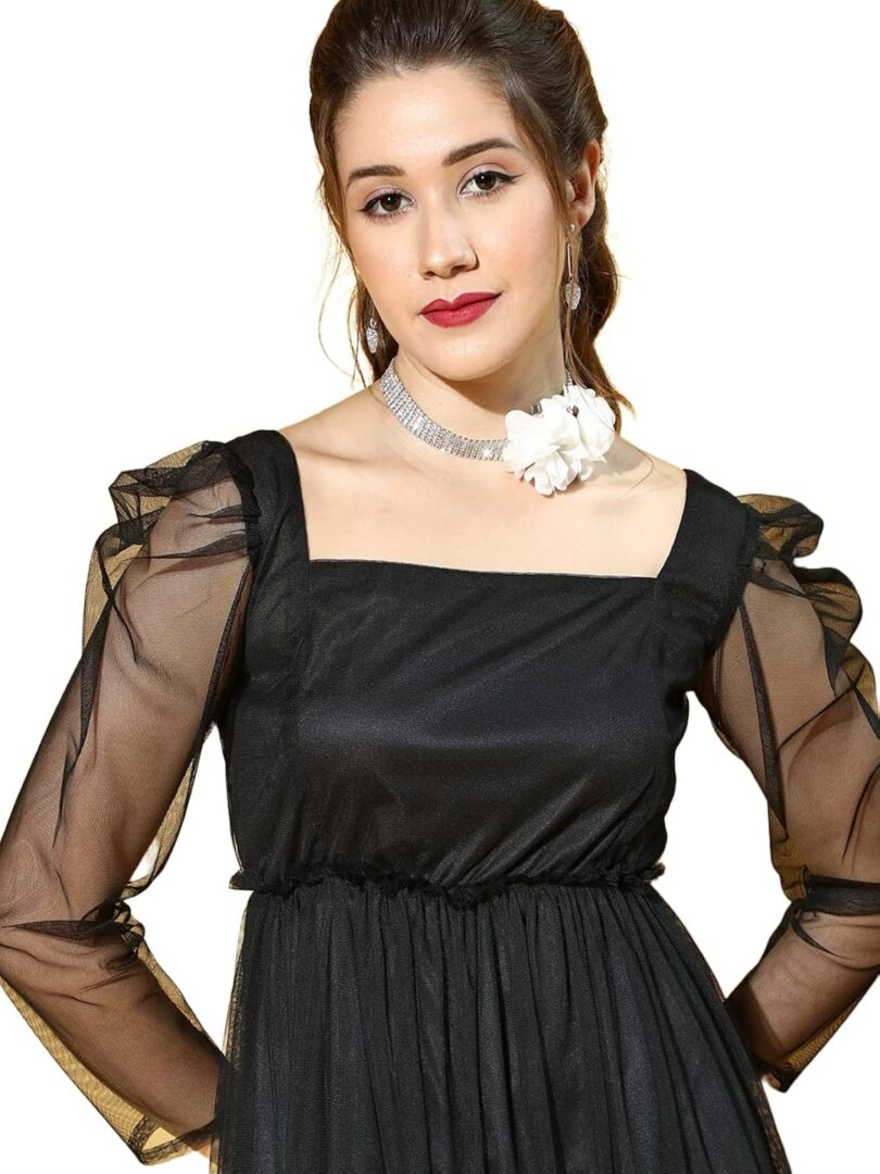 Women Stylish Black Solid Sheer Dress - Image 3