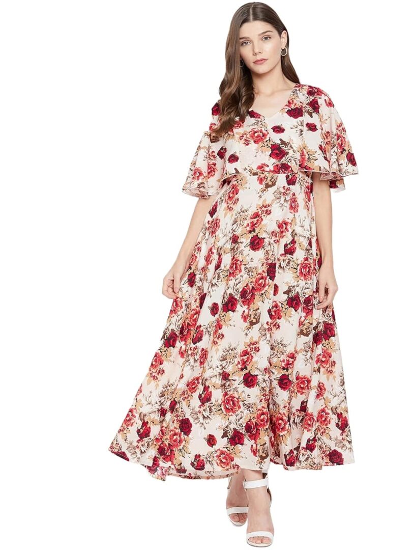Cream-Coloured & Red Floral Crepe Maxi Dress