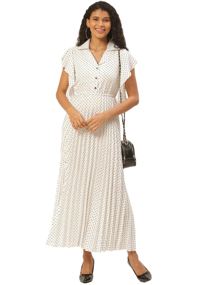 Women White & Black Ditsy Dot Print Accordion Pleated Maxi Dress