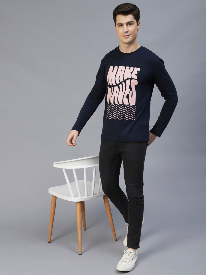 Men Typography Round Neck Dark Blue T-Shirt