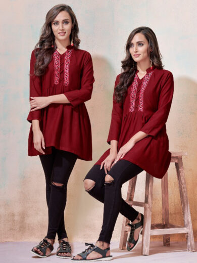 Casual Wear Maroon Embroidery Work Rayon Top