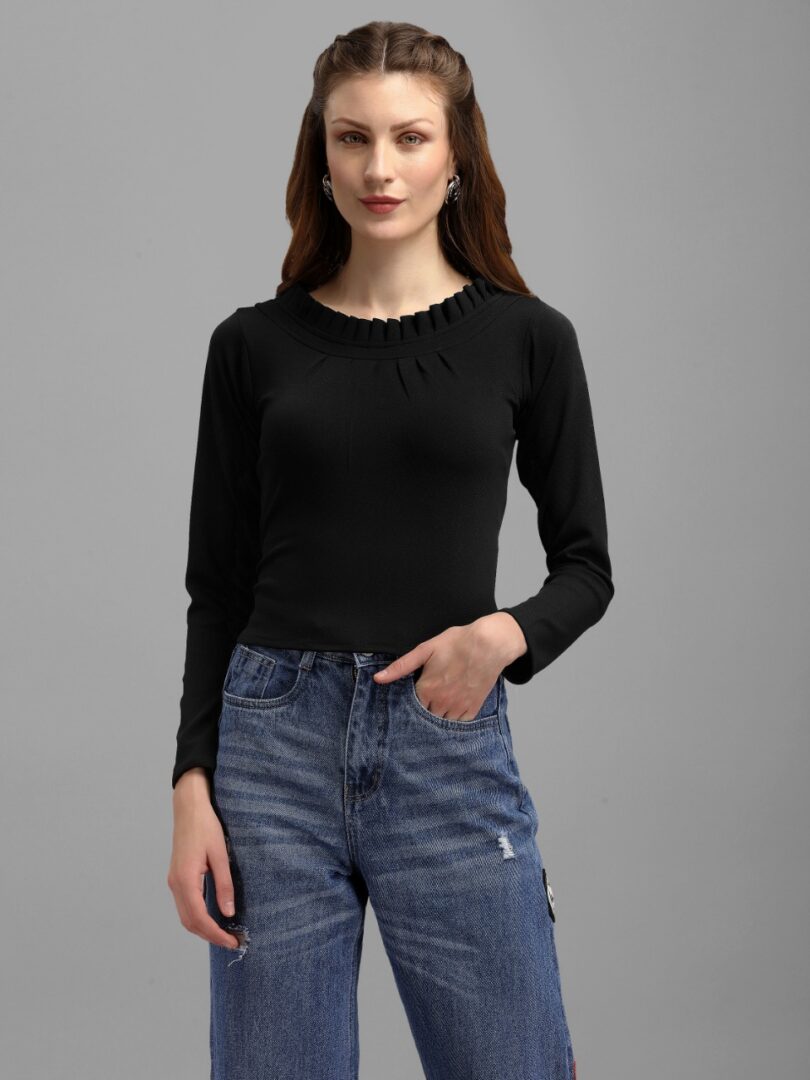 Plain Solid Black Color Fancy Crop Top For Girls