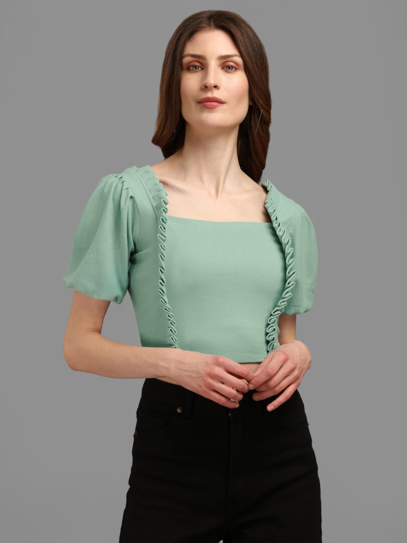 Solid Sage Green Color Fancy Crop Top For Girls