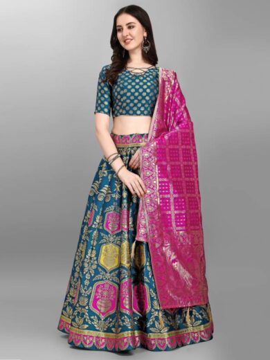 Rama Floral Woven Worked On Lehenga Choli Set with Dupatta